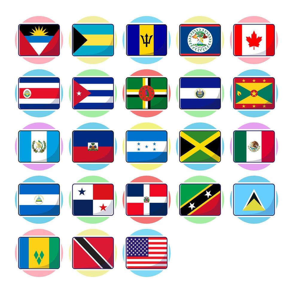 North american continent flags. Flat rectangle element design, travel symbols, landmark symbols, geography and map flags emblem. vector