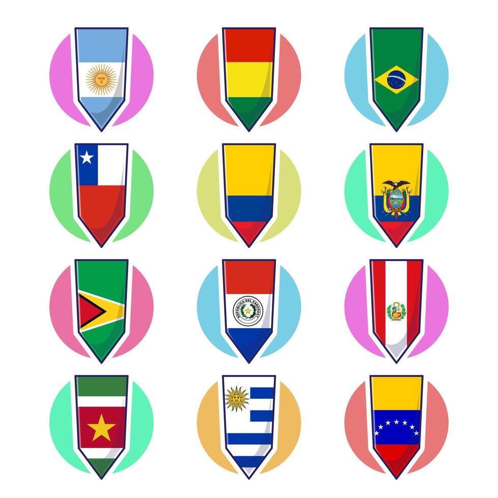South american continent flags. Flags element design, travel symbols, landmark symbols, geography and map flags emblem. vector