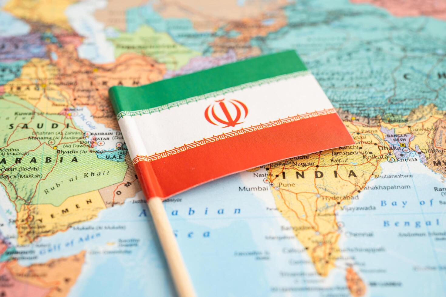 Bangkok, Thailand December 7, 2023, Iran flag on world map background. photo
