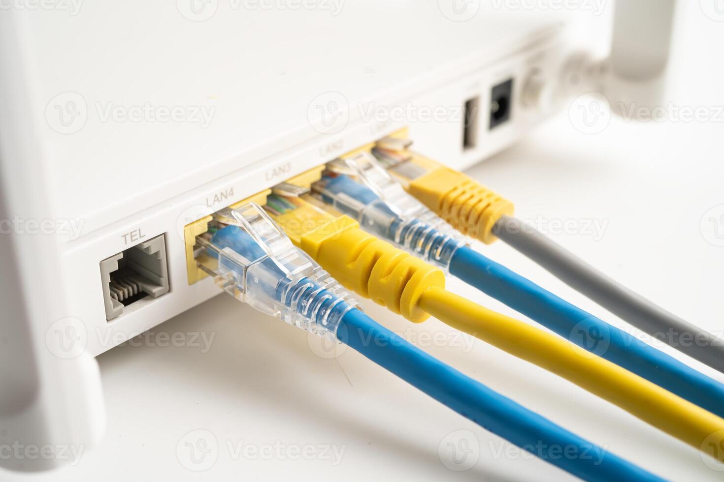 Ethernet cable with wireless router connect to internet service provider internet network. photo