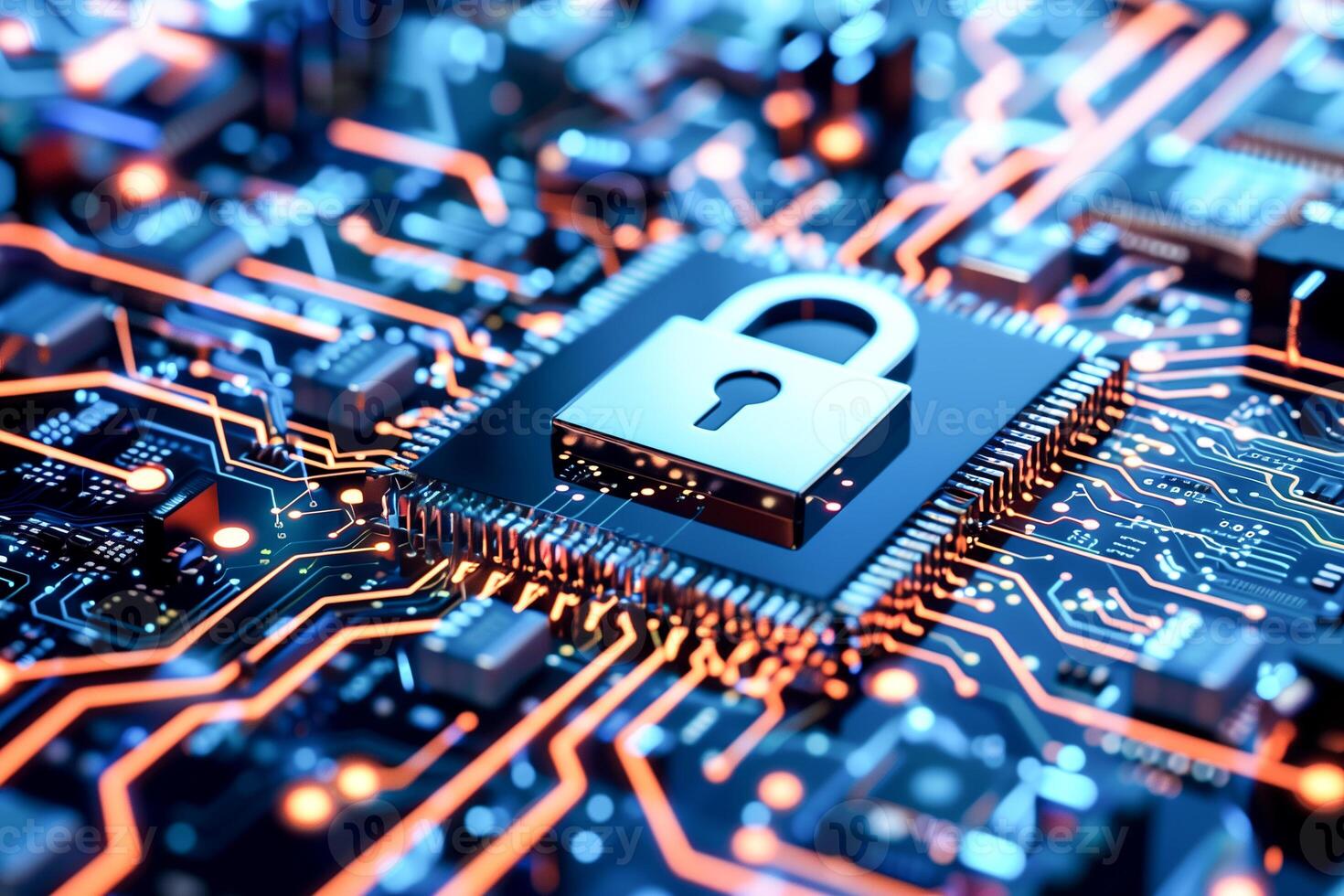 Padlock on mainboard computer, internet information privacy network security, data protection. photo