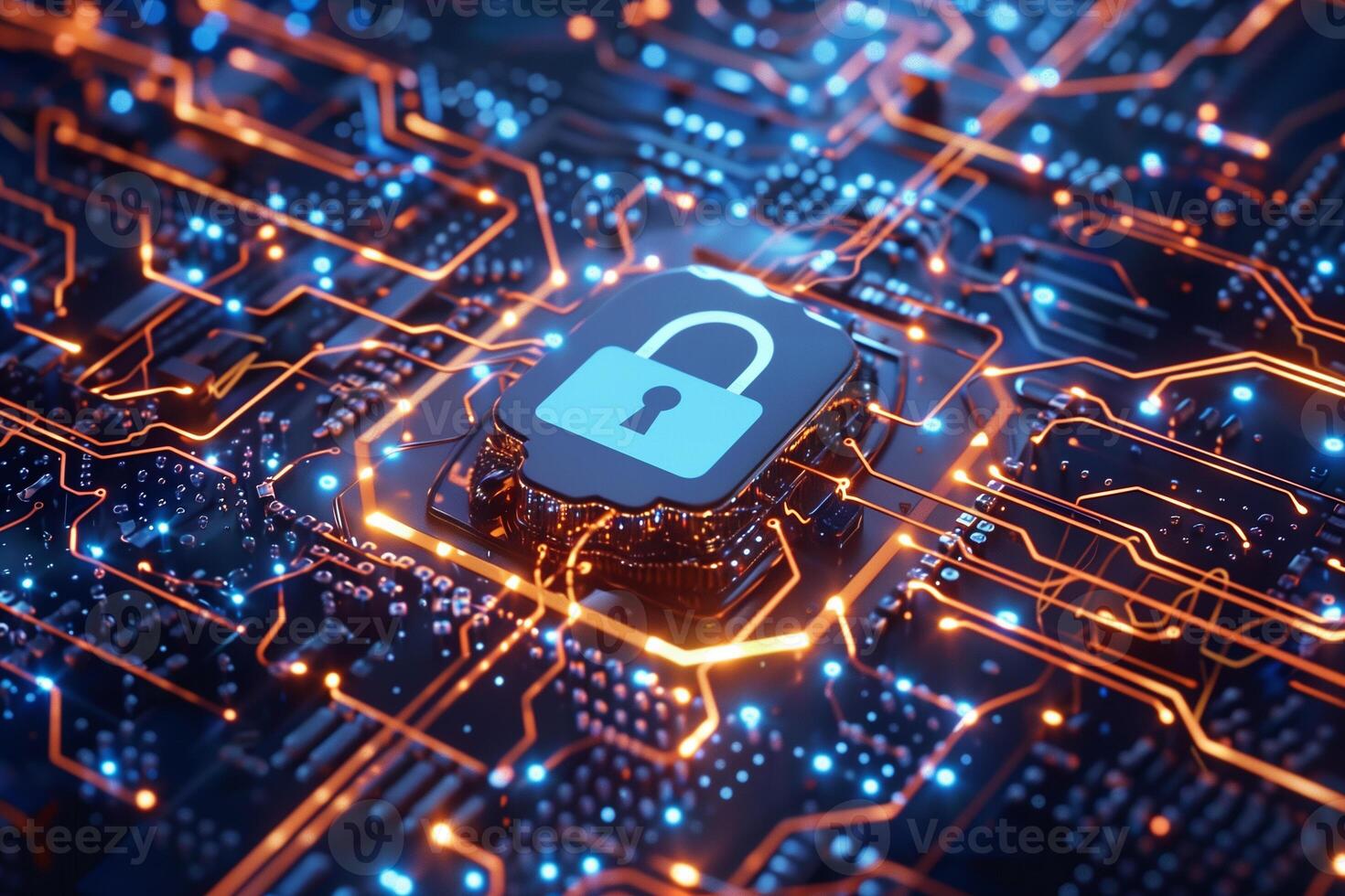 Padlock on mainboard computer, internet information privacy network security, data protection. photo