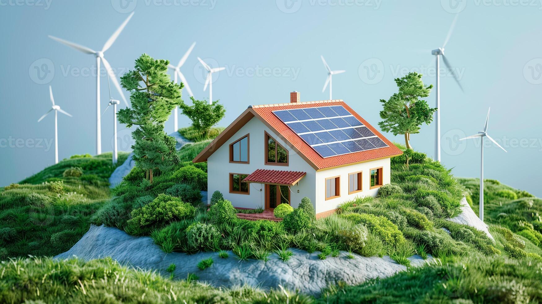 Solar cells on a house roof for electricity renewable alternative energy source using sunlight. photo