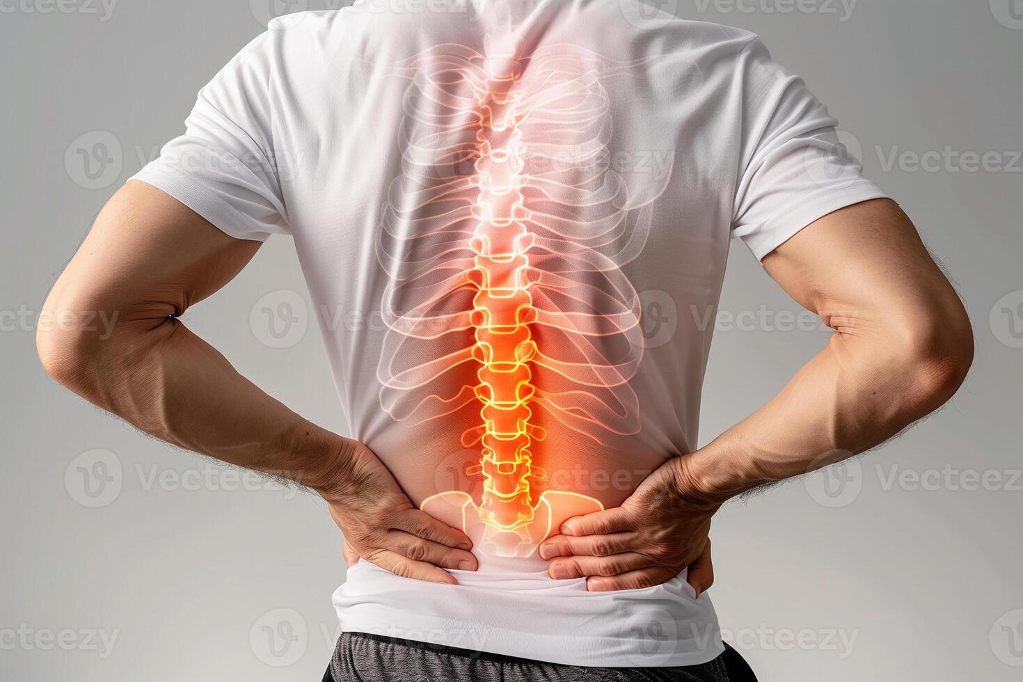 Man pain office syndrome at his back with highlight at backbone and spine. photo