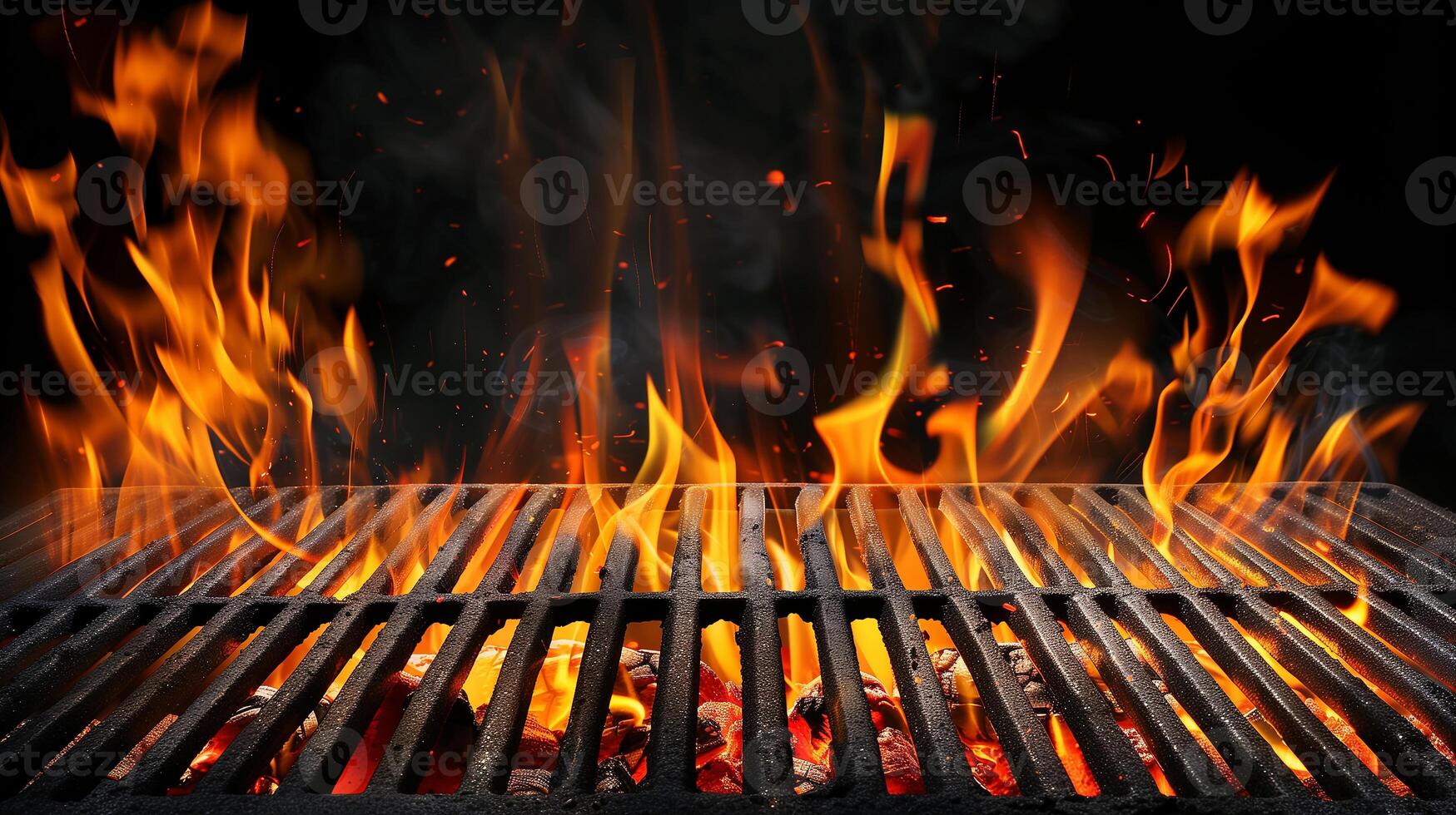 Fire flaming barbecue grill for cooking food in picnic party. photo