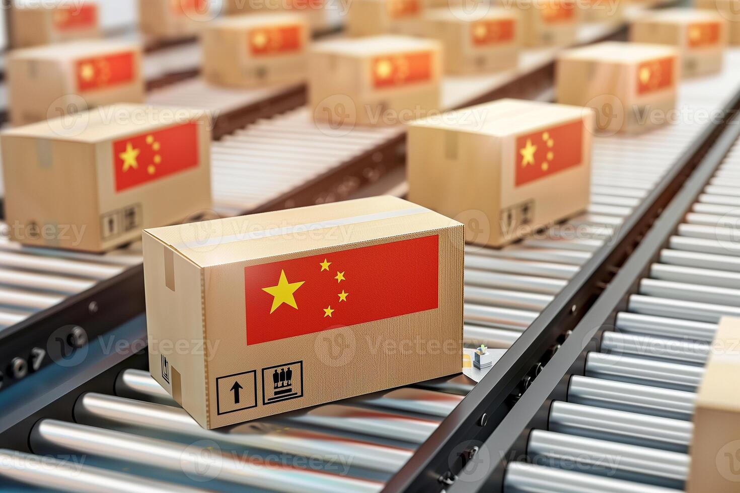 Box of production line with China flag in manufacturing industry, technology for export in warehouse factory. photo
