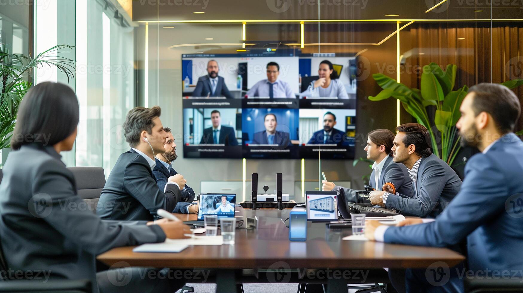 Businessman talking online conference with laptop to meeting business plan with office team. photo
