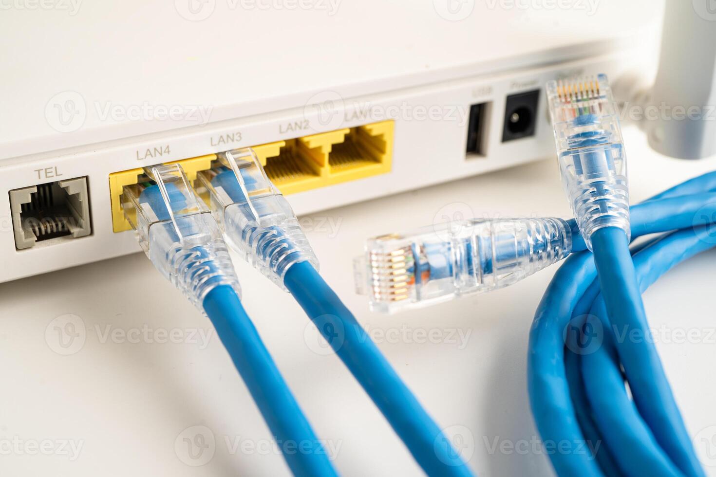 Ethernet cable with wireless router connect to internet service provider internet network. photo