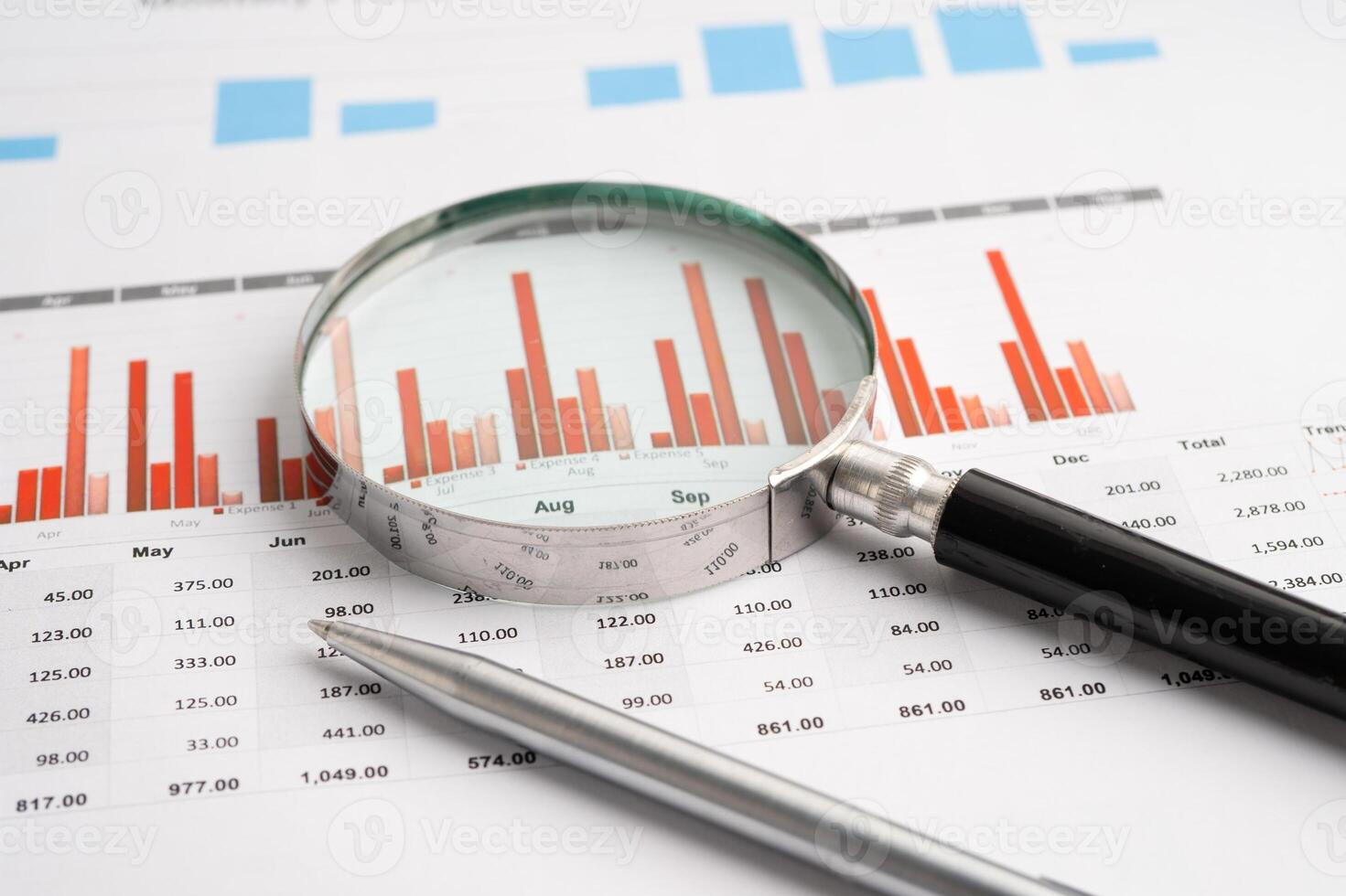 Magnifying glass on spreadsheet and graph paper. Financial development, Banking Account, Statistic, Investment Analytic research data economy, Business. photo