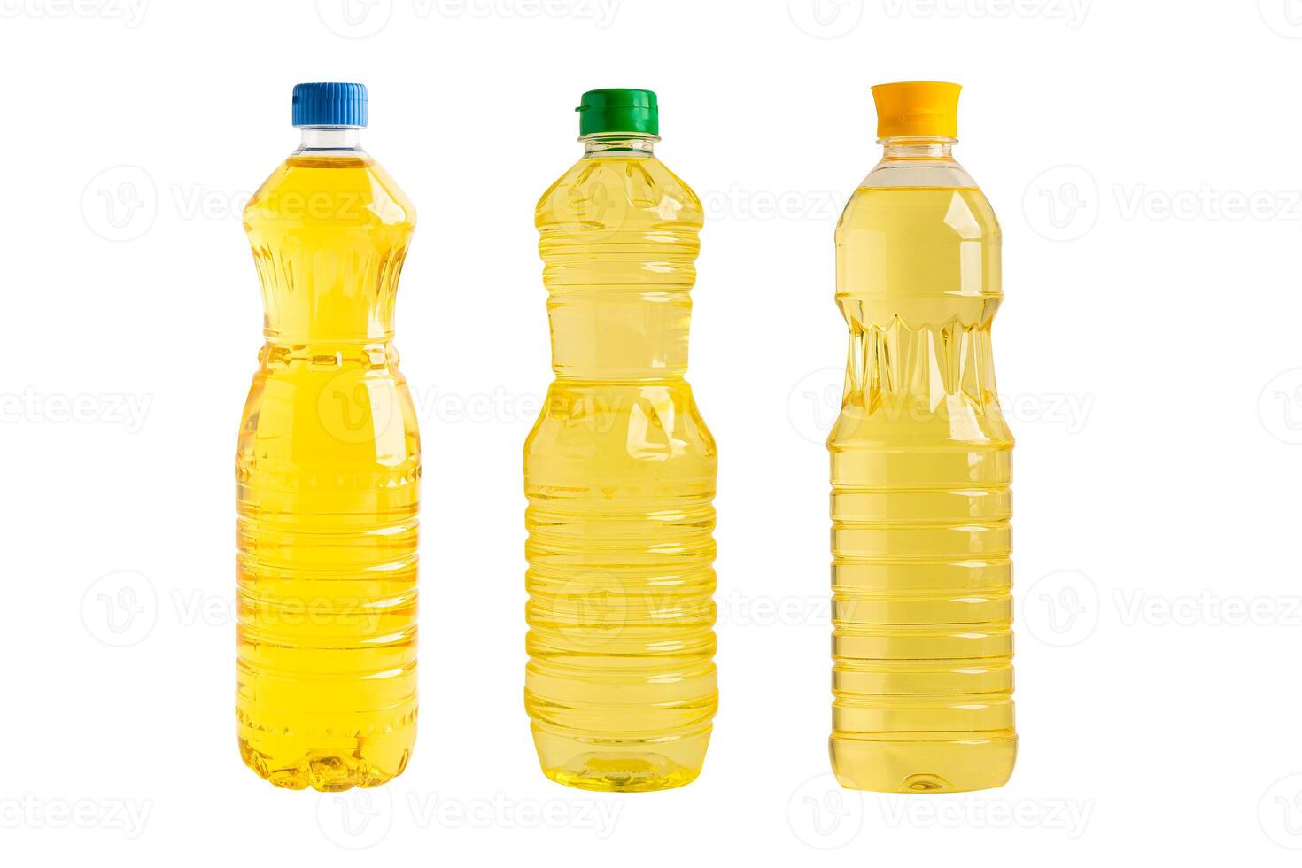 Vegetable oil in different bottle for cooking isolated on white background. photo