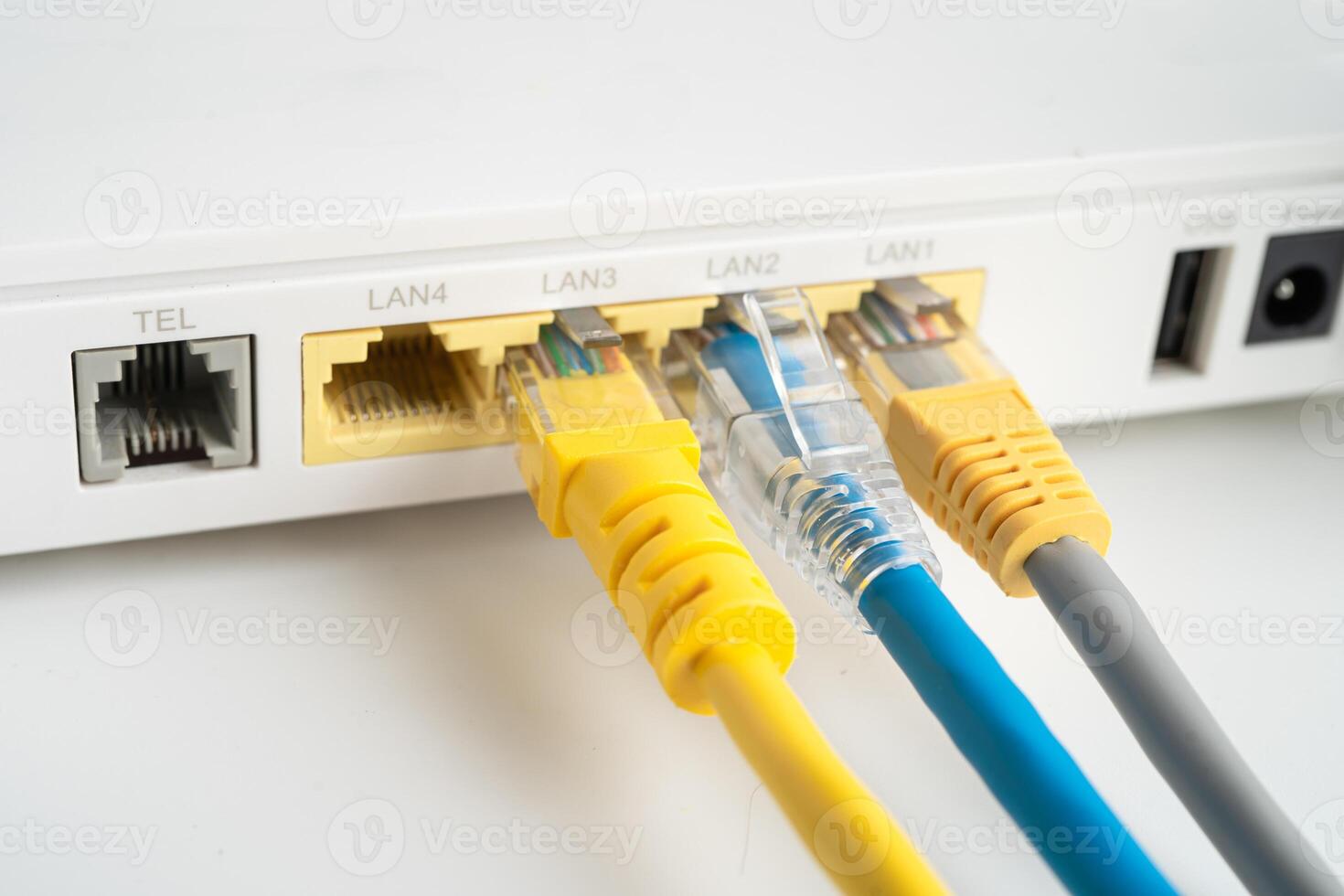 Ethernet cable with wireless router connect to internet service provider internet network. photo