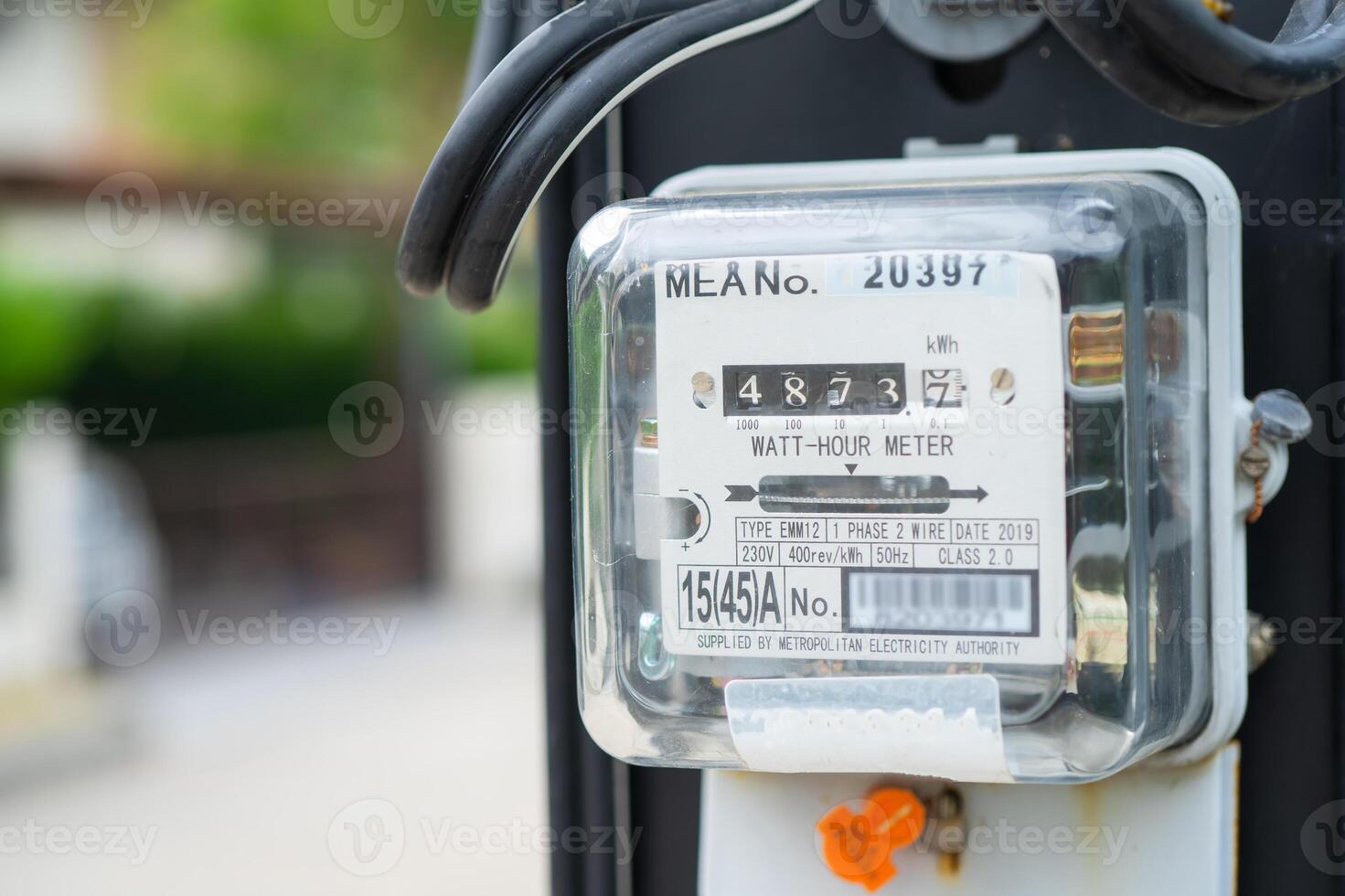 Bangkok, Thailand April 10, 2023,Electric measuring power meter for energy cost at home and office. photo