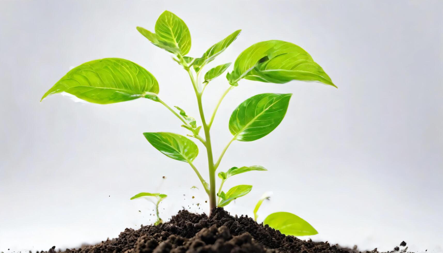Vibrant green plant shoots grow from the soil isolated on white background photo