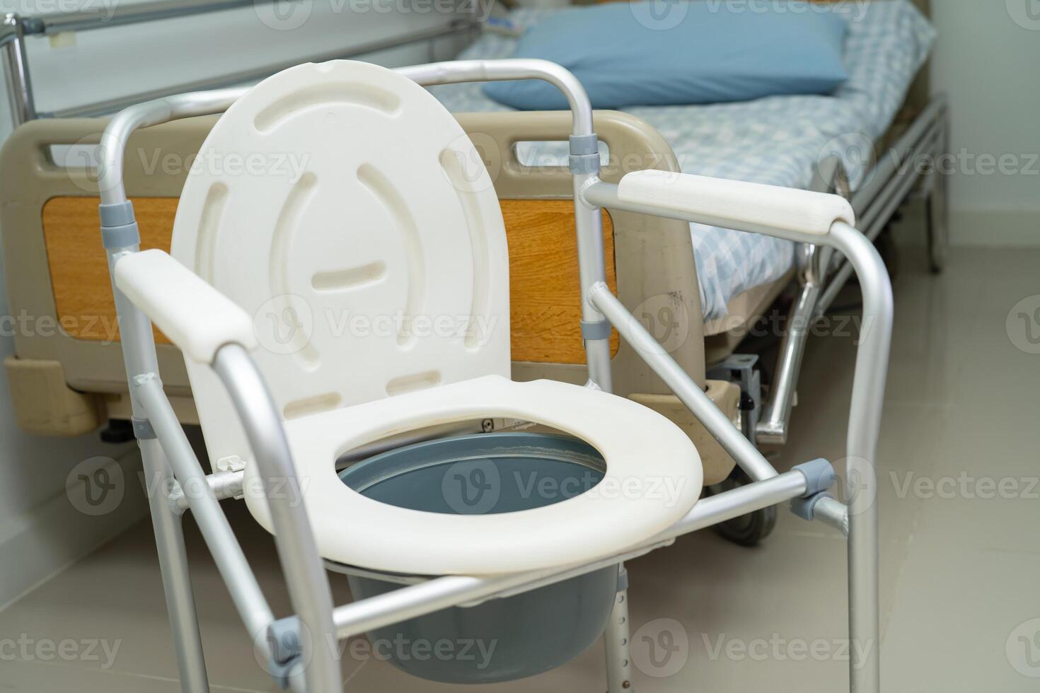 Flush toilet and shower chair in bathroom for old elder people. photo