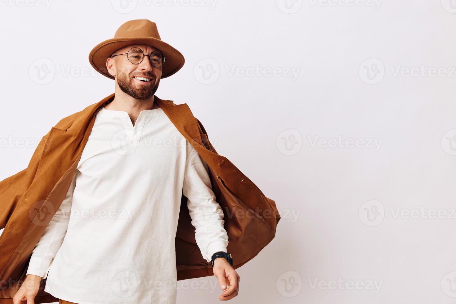Happy men white caucasian model guy person young hat stylish face fashionable shirt background photo
