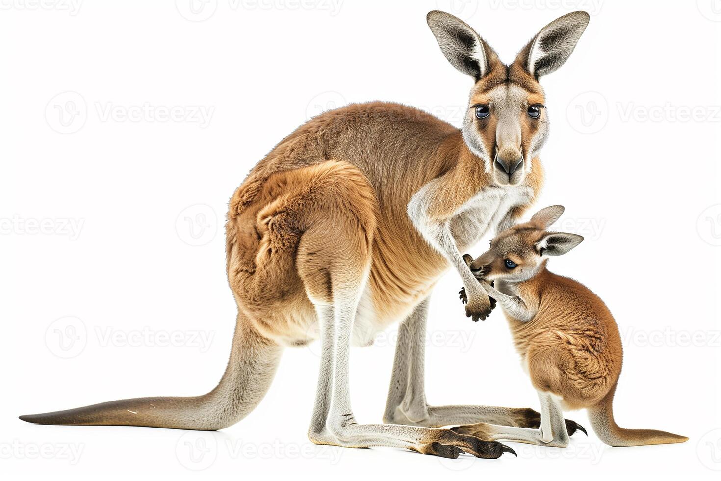 Kangaroo with joey in belly front bag isolated on white background. photo