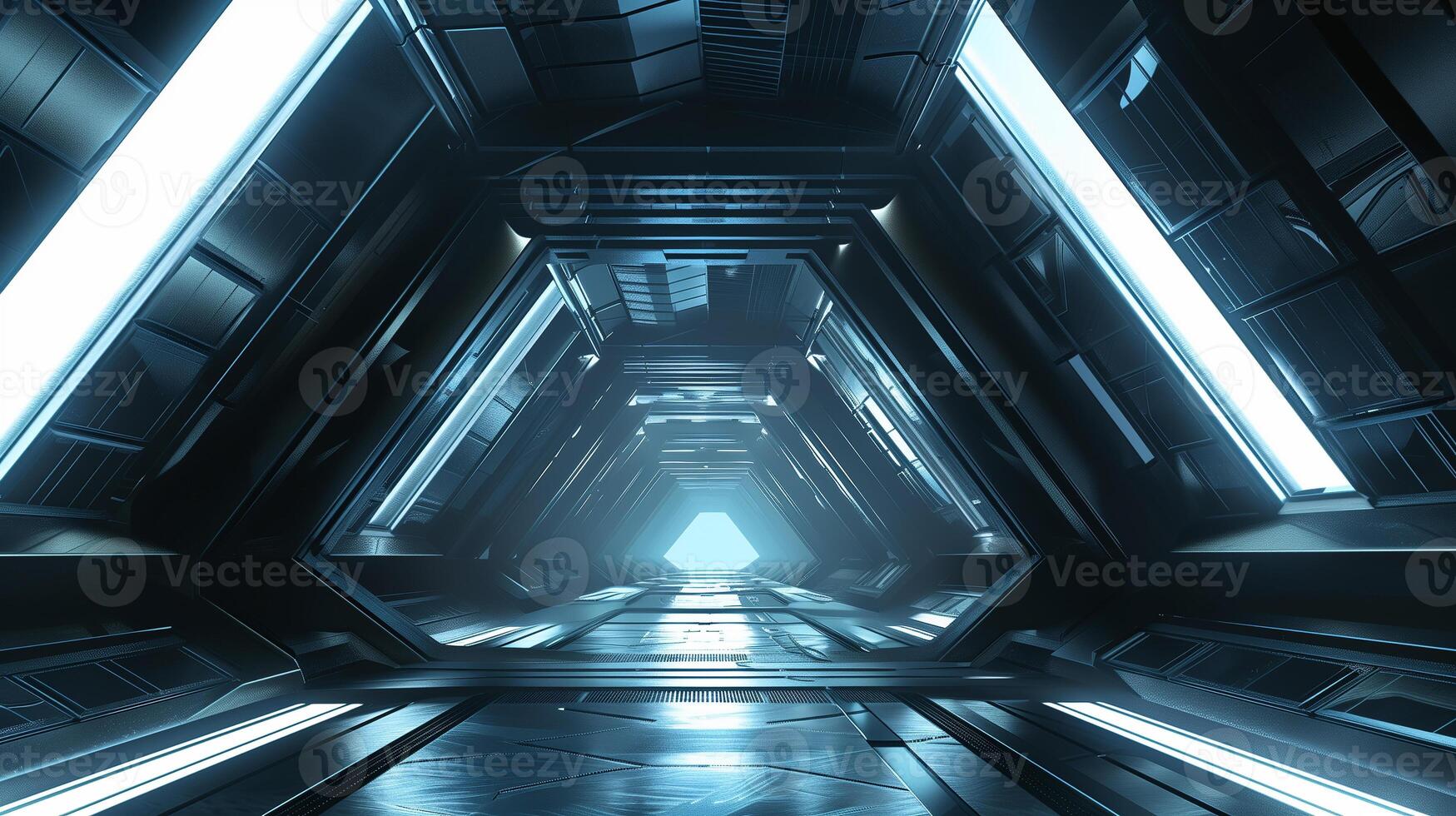 Futuristic triangle spaceship corridor tunnel with glowing light. photo