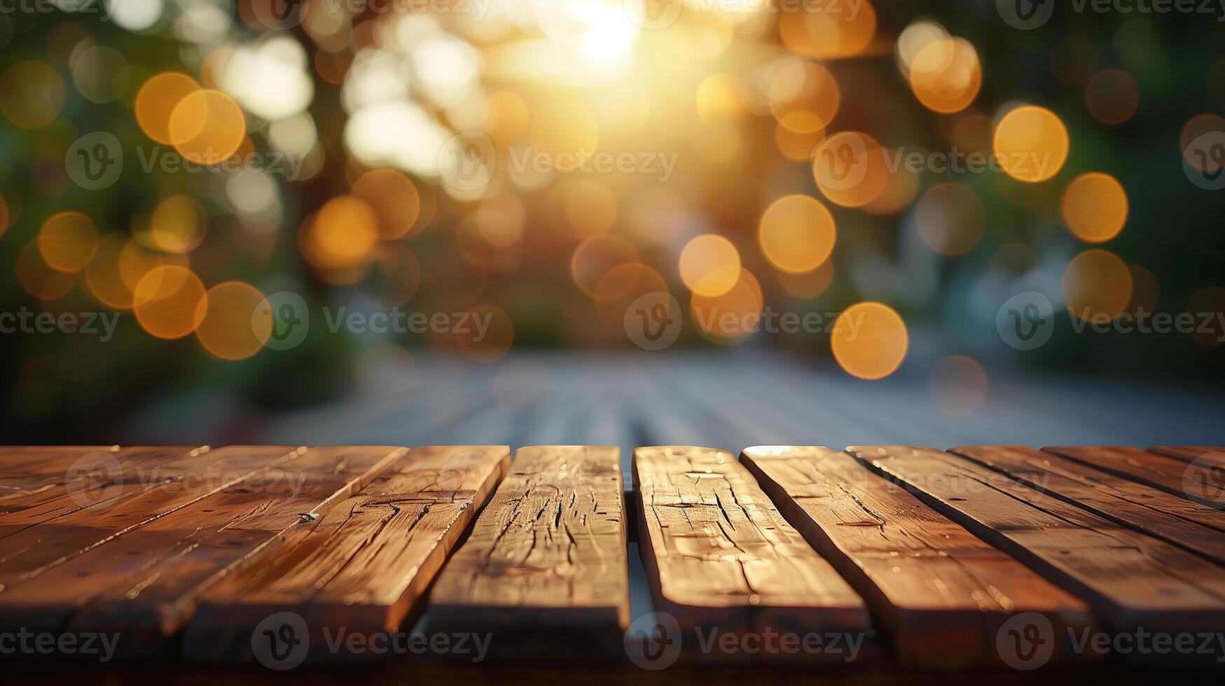 Empty wooden table on blurred bokeh background. photo
