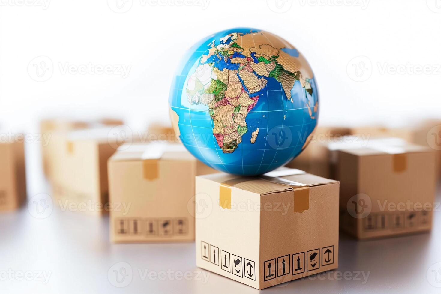 Earth globe with cardboard box product. International trade and delivery shipping goods around the world. photo