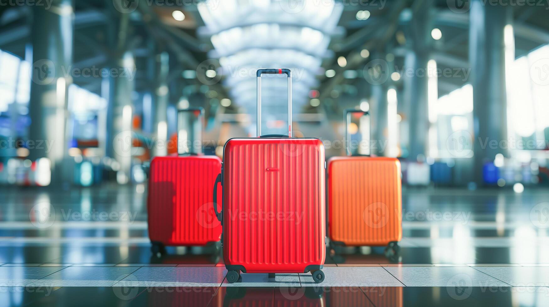 Suitcase in departure airport terminal for traveler. photo