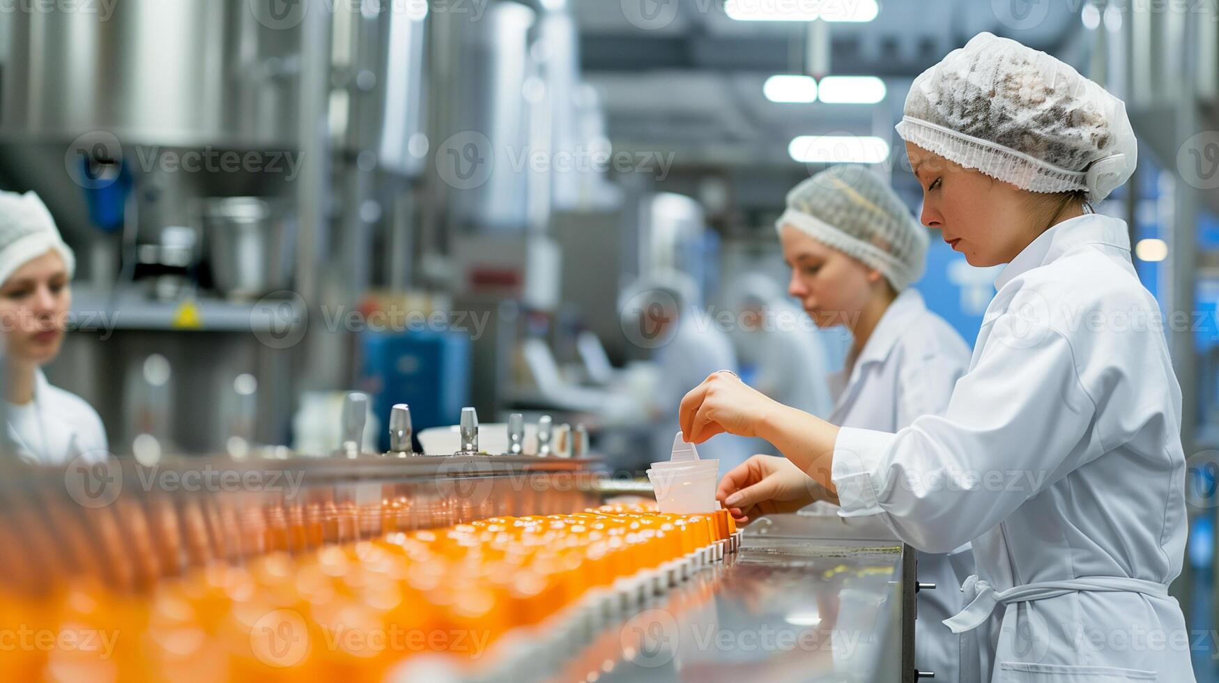 Production control staff checking beverage line of manufacturing and bottles packaging in factory. photo