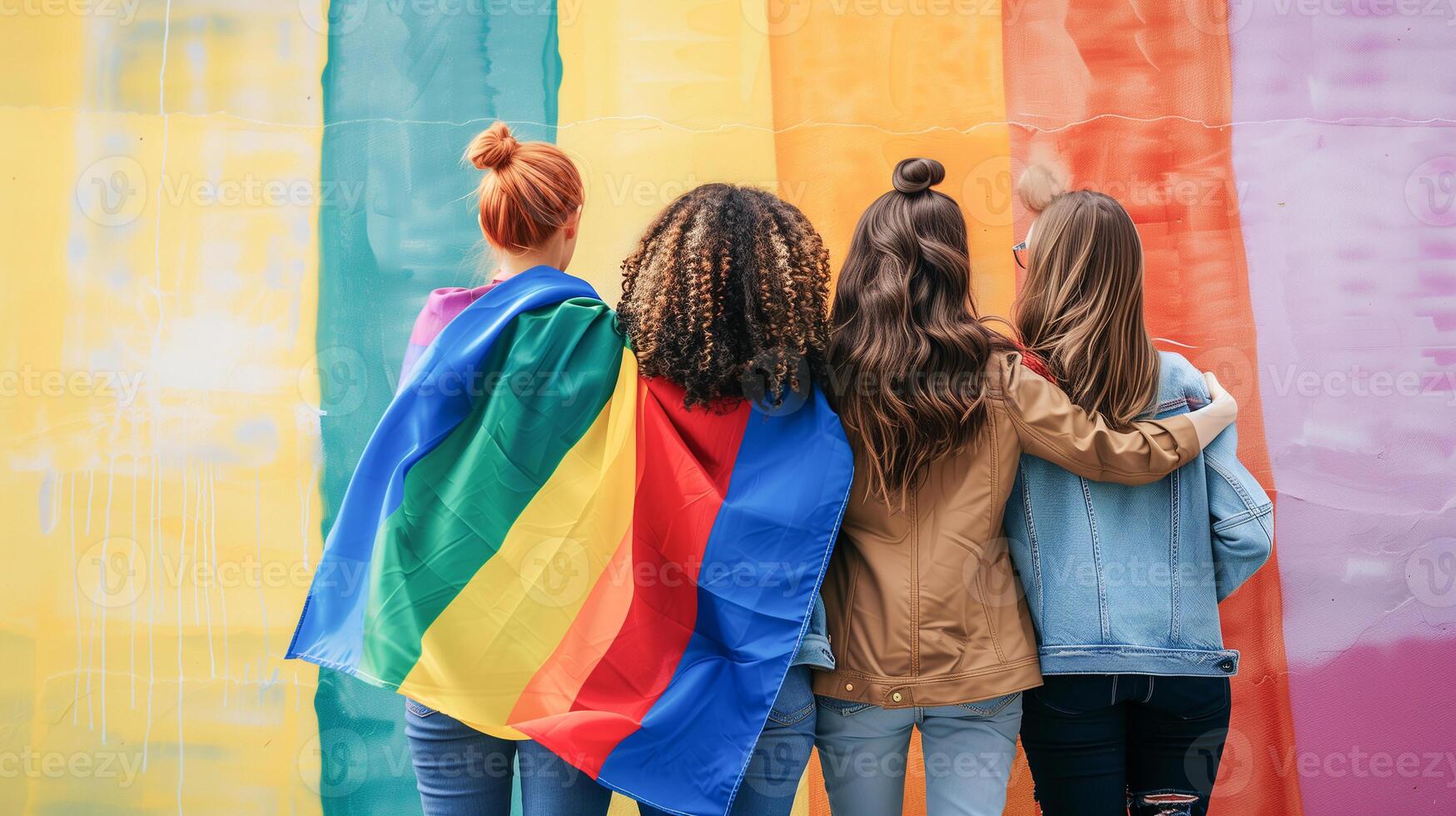 Back view of group woman with LGBT rainbow flag in pride month festival. photo