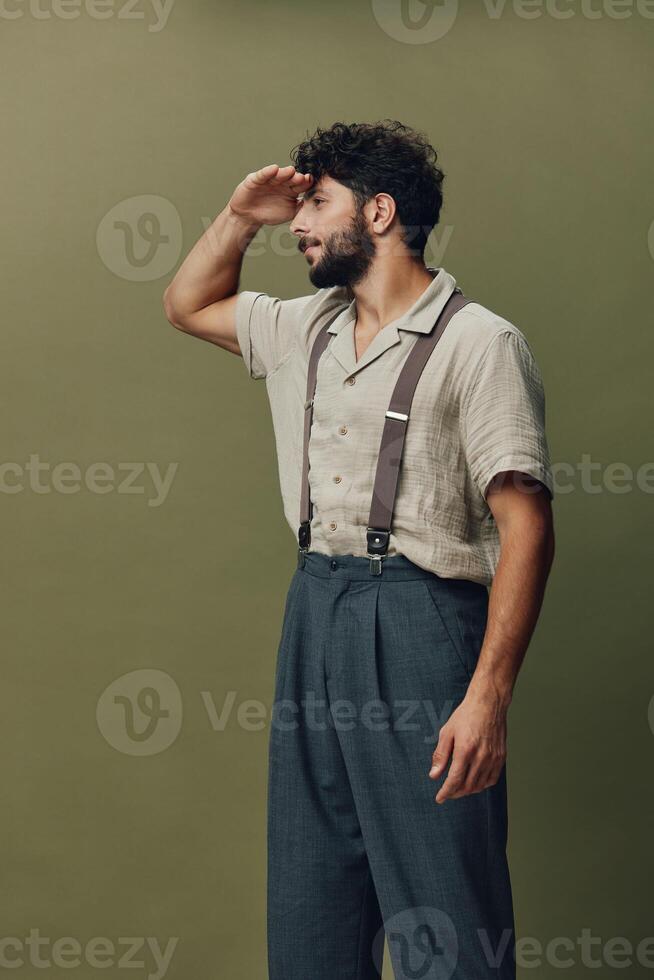 Style handsome caucasian guy men beard person adult portrait young stylish attractive casual looking photo