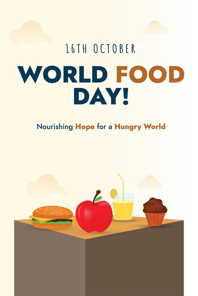 16th October World food day facebook post. Food Day. World Food day celebration social media post with apple, burger, muffin icons. Food day awareness concept doesn't waste food vector