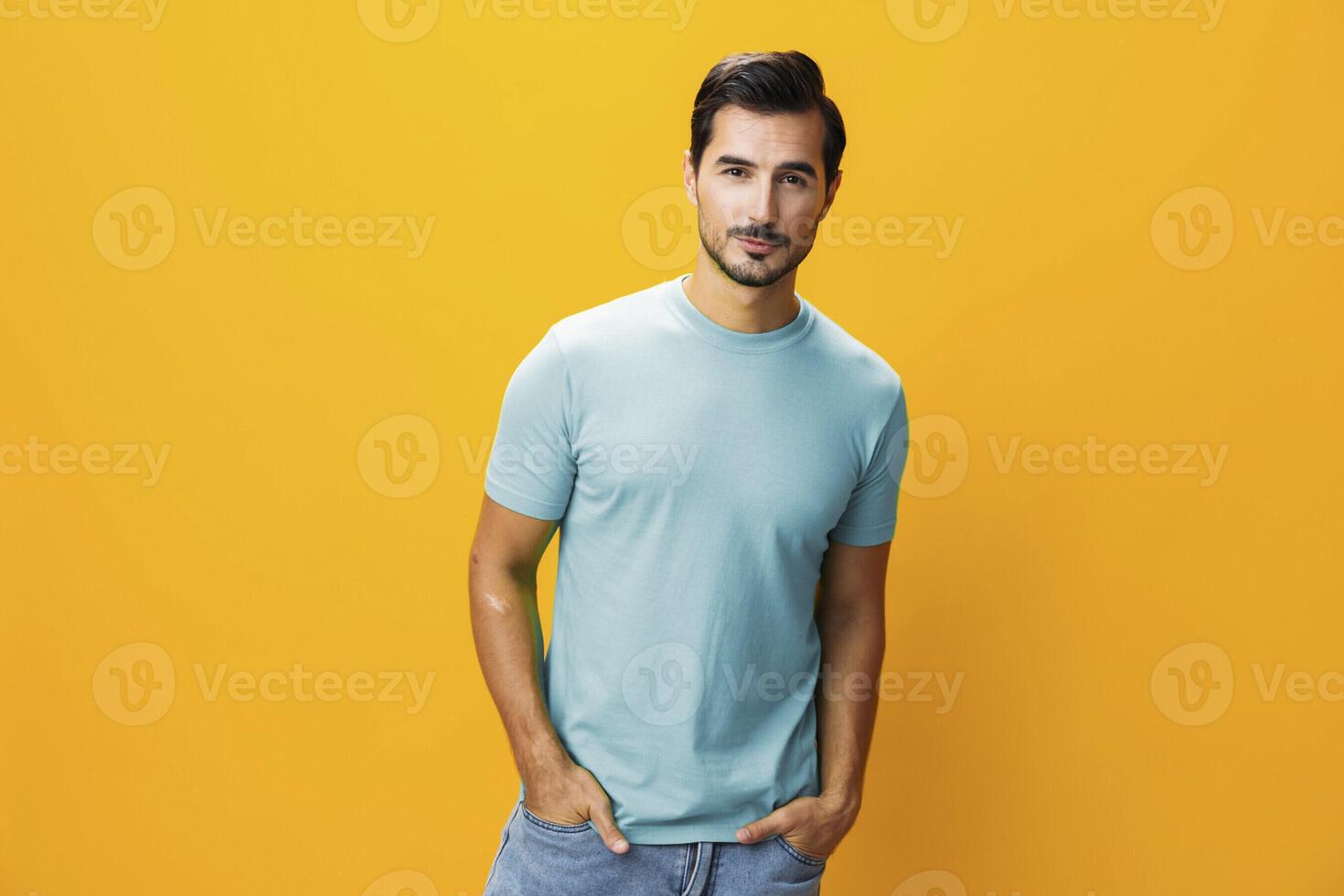 Man style fashion background studio space portrait laughing trendy lifestyle gesture smiling copy arm photo
