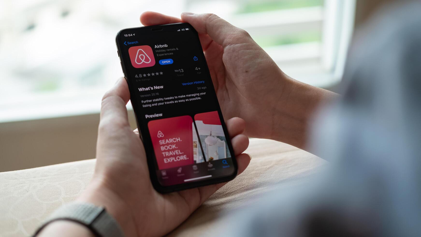 CHIANG MAI, THAILAND - APR 18, 2020 . The app for the peer-to-peer online marketplace and homestay network, photo