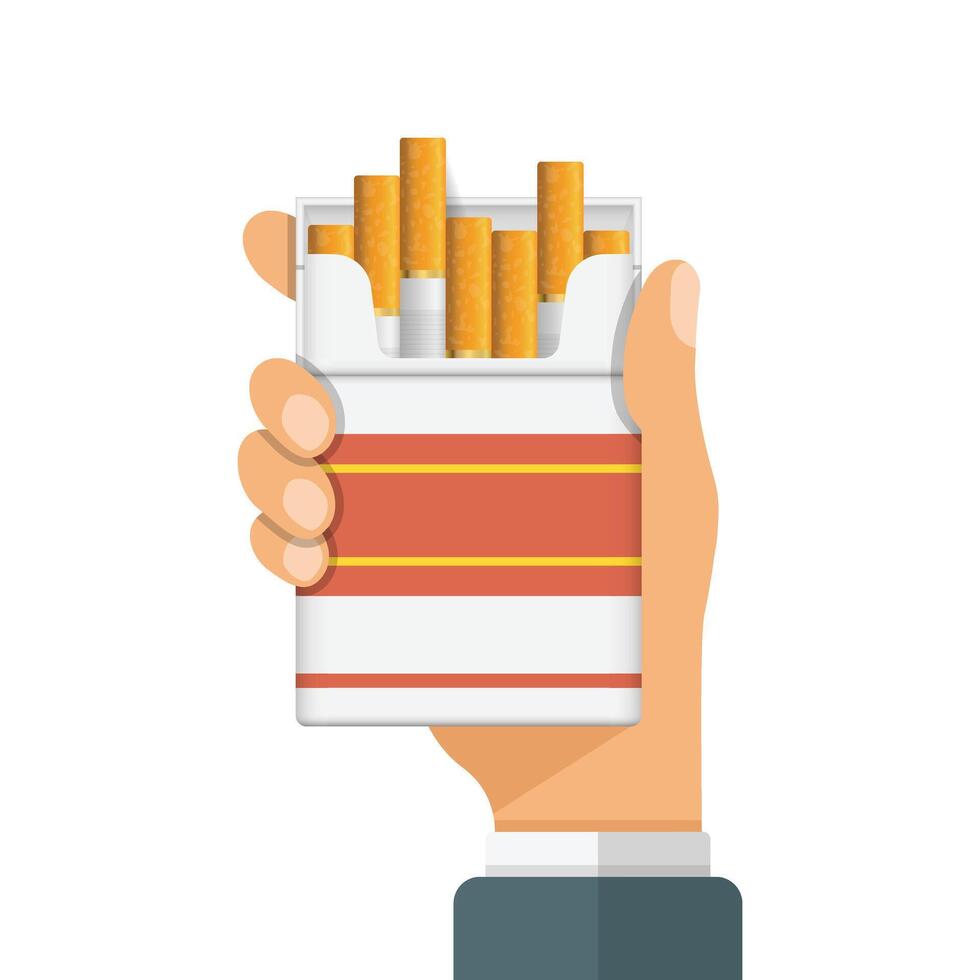 Hand holding packet of cigarettes icon in flat style. Smoking illustration on isolated background. Tobacco box sign business concept. vector
