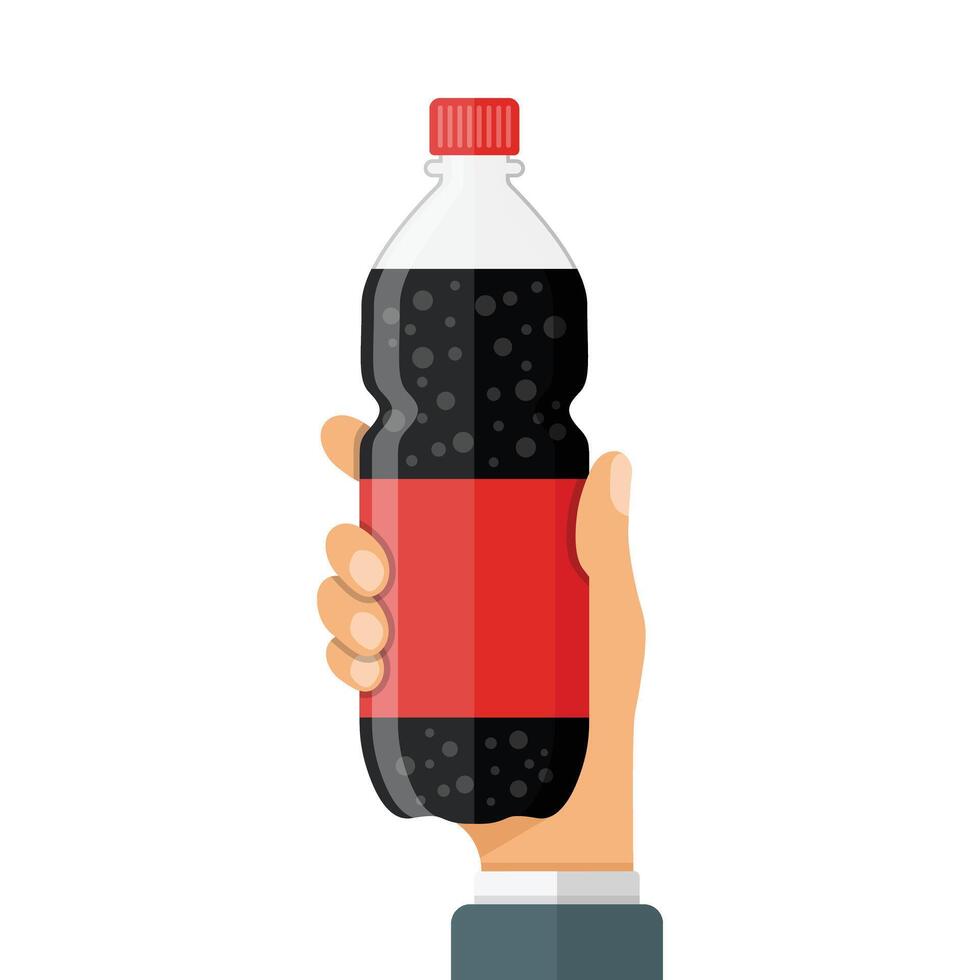 Hand holding soda drink icon in flat style. Plastic bottle illustration on isolated background. Water beverage sign business concept. vector