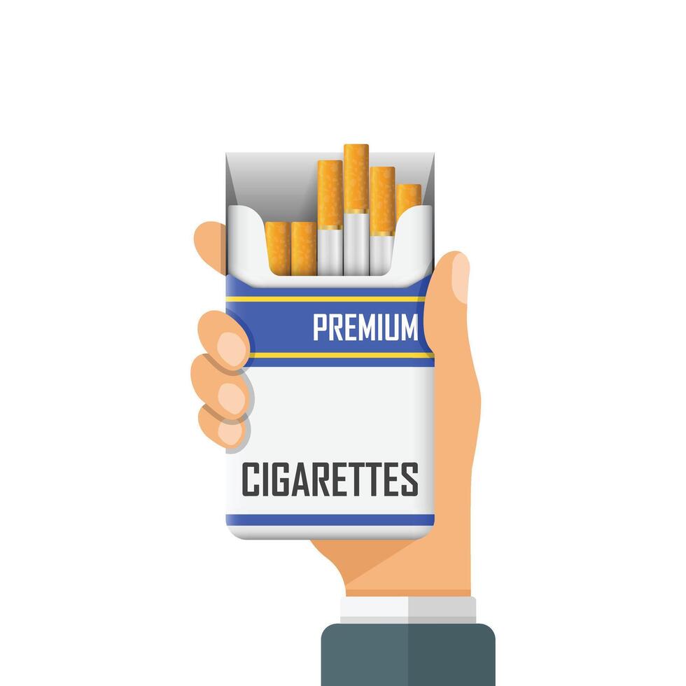 Hand holding packet of cigarettes icon in flat style. Smoking illustration on isolated background. Tobacco box sign business concept. vector