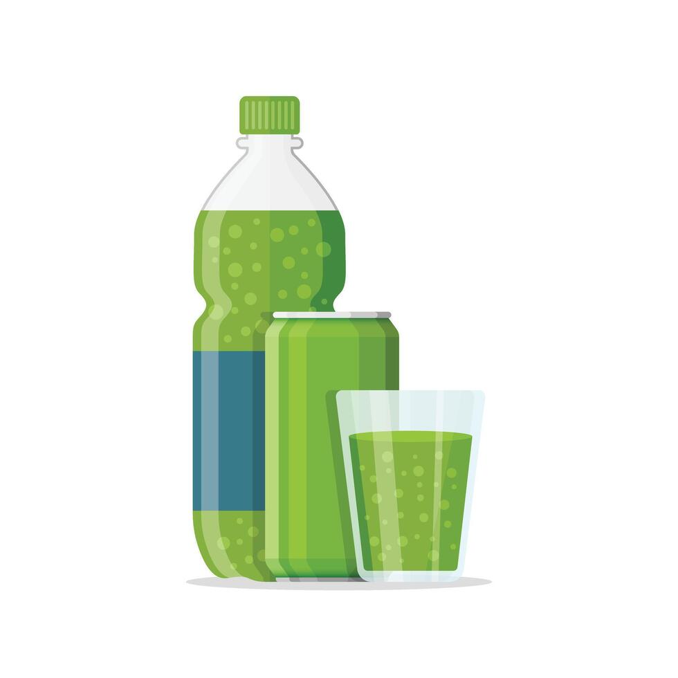 Soda drink icon in flat style. Plastic bottle, can and drinking glass illustration on isolated background. Water beverage sign business concept. vector