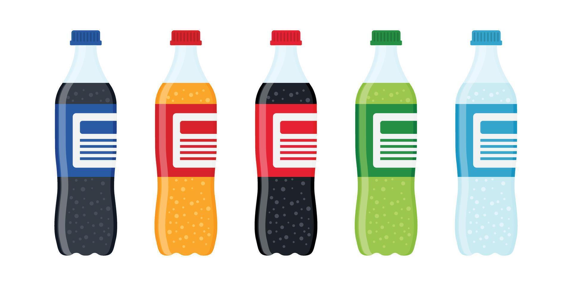 Soda drink icons set in flat style. Plastic bottle illustration on isolated background. Water beverage sign business concept. vector