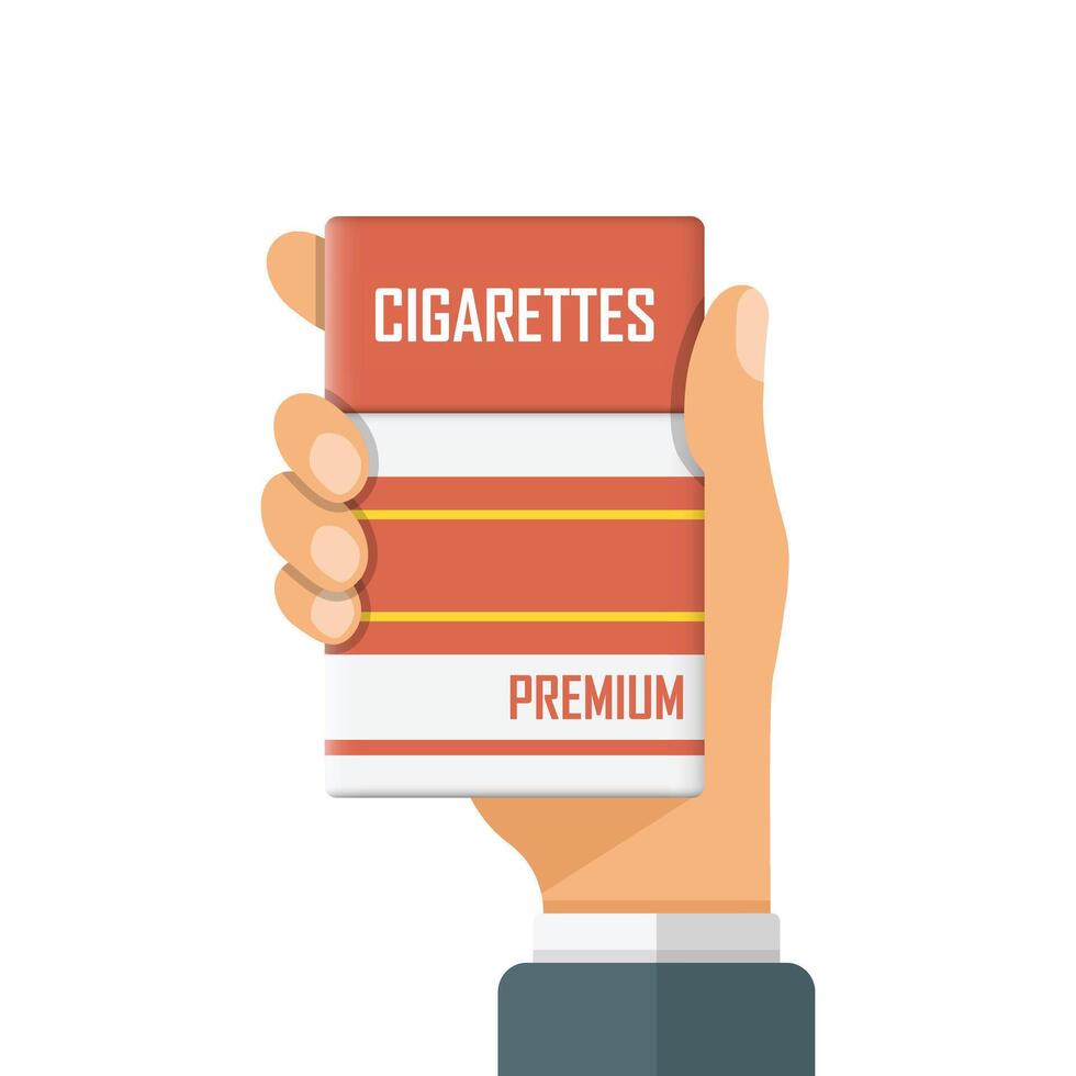 Hand holding packet of cigarettes icon in flat style. Smoking illustration on isolated background. Tobacco box sign business concept. vector