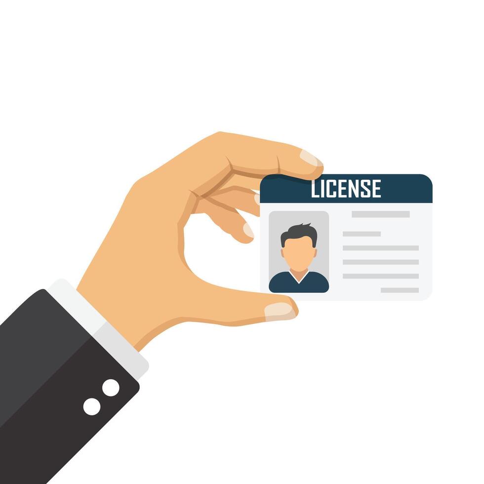 Hand holding driver license icon in flat style. Id card illustration on isolated background. Person document sign business concept. vector