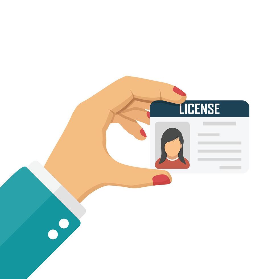 Hand holding driver license icon in flat style. Id card illustration on isolated background. Person document sign business concept. vector