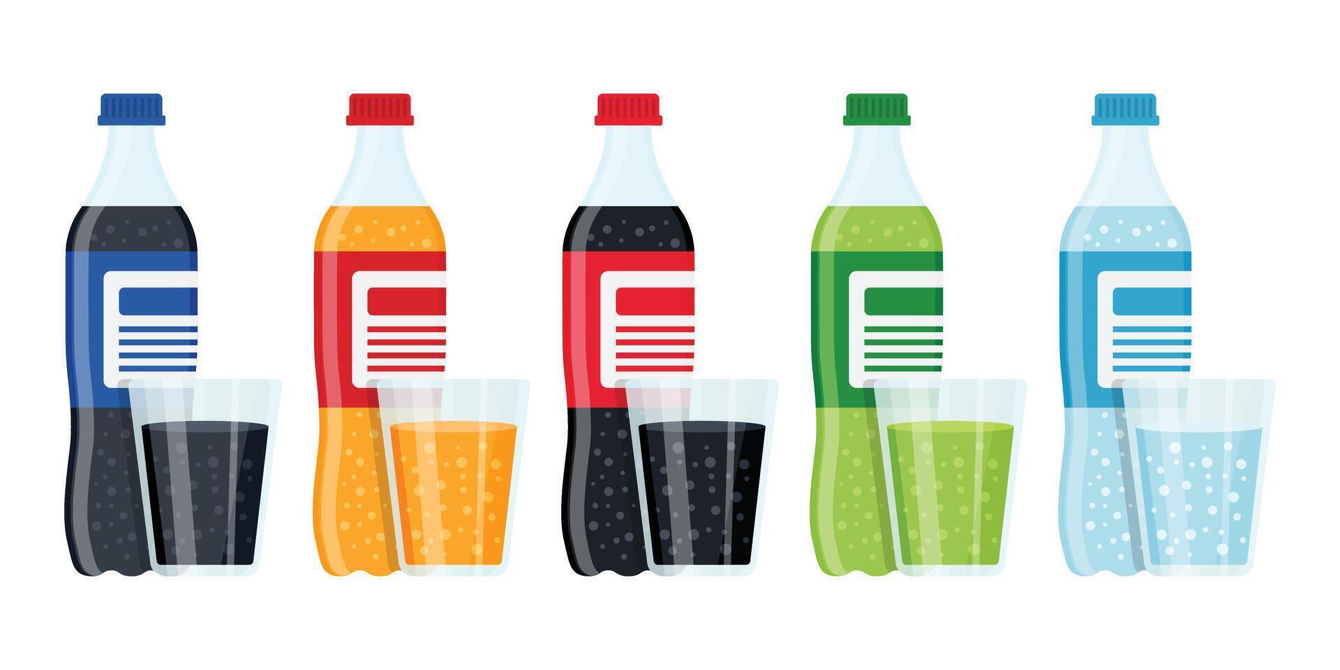 Soda drink icons set in flat style. Plastic bottle and glass illustration on isolated background. Water beverage sign business concept. vector