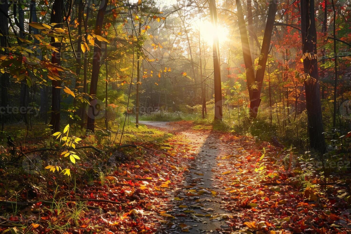 Sunrise on a Leaf-Strewn Forest Path in Autumn photo