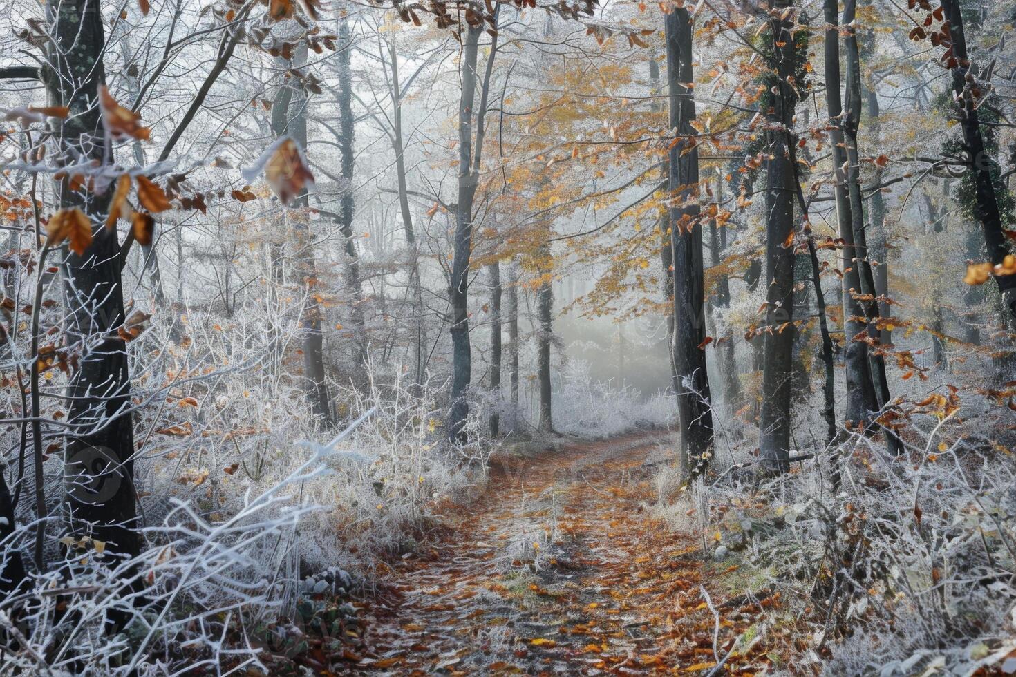 Misty Winter Morning on a Frost-Laden Trail photo