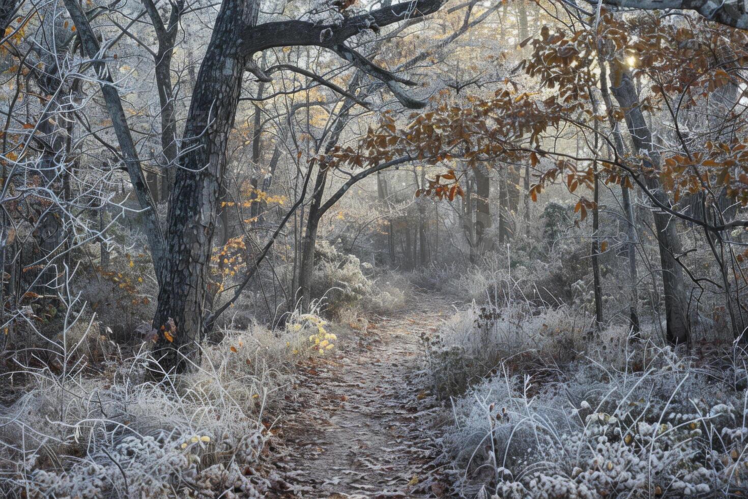 Frosty Winter Trail in a Sunlit Forest photo