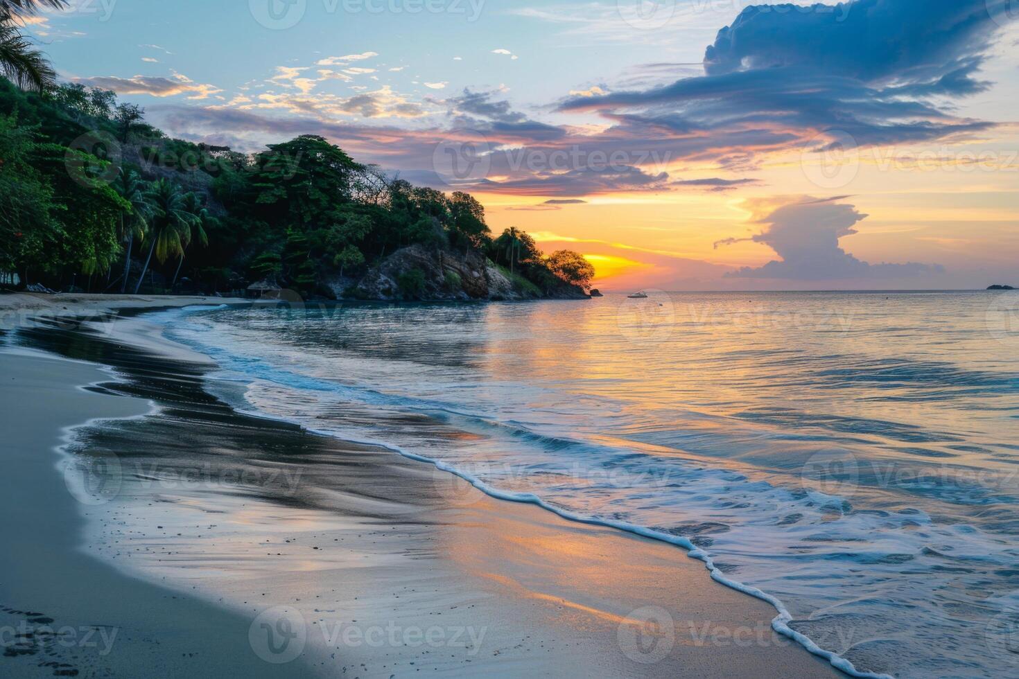Tropical beach sunset with gentle waves and lush greenery photo
