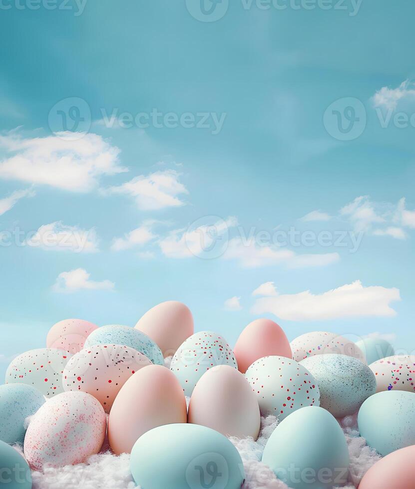Colored pink and blue Easter eggs on background with clouds, Happy Easter day concept and idea, copy space photo