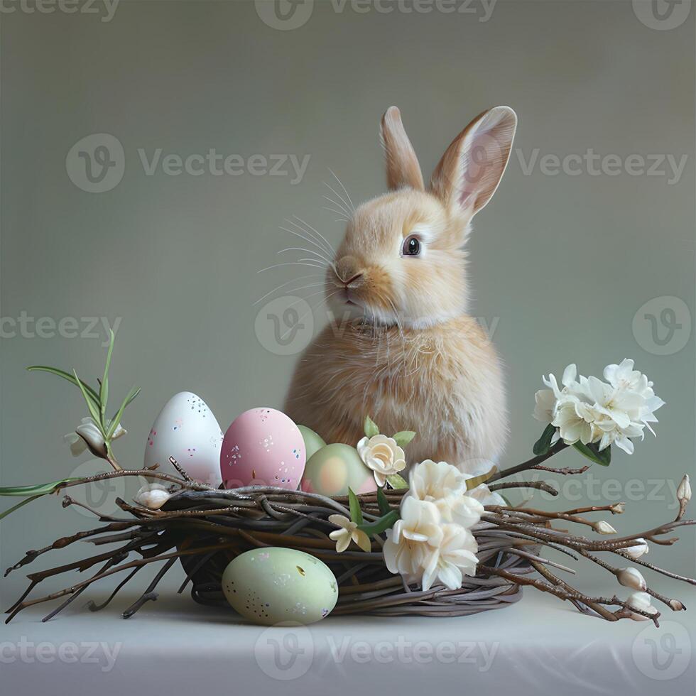 Bunny, painted eggs and branches with spring flowers, soft muted pastel gray green and beige color, Happy Easter day concept and idea. photo