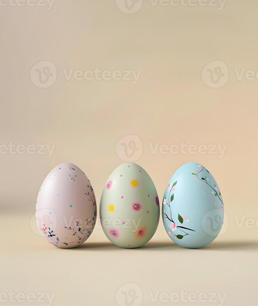 Easter eggs painted in pastel colors on a muted yellow background, Happy Easter day concept and idea, copy space photo