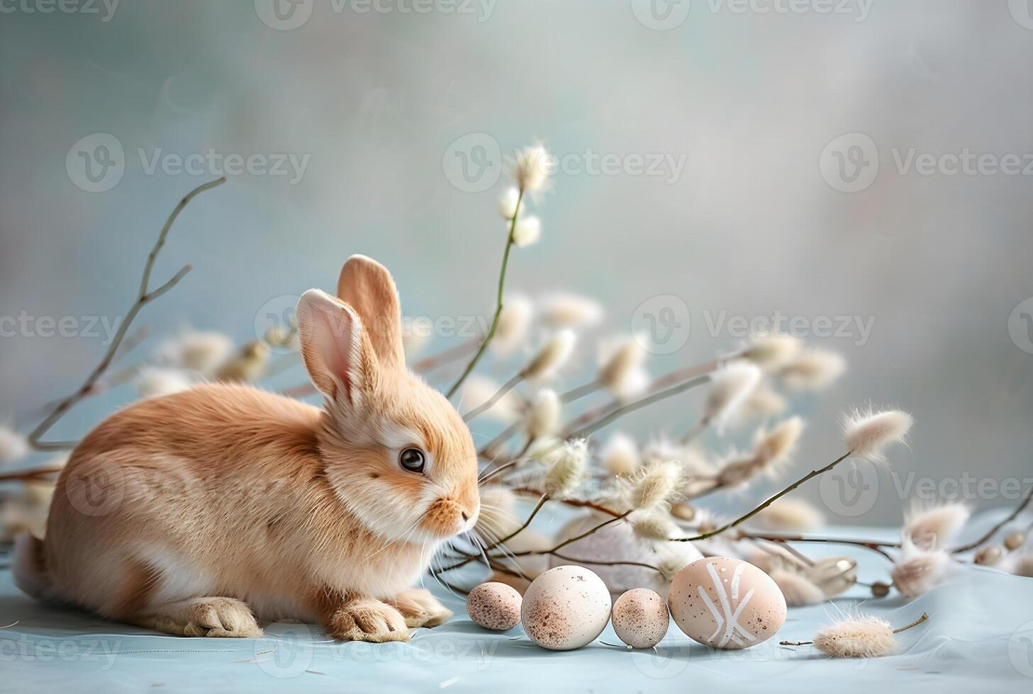 Rabbit, painted eggs and willow branches, soft muted pastel gray-blue color, concept and idea of a happy Easter day. photo