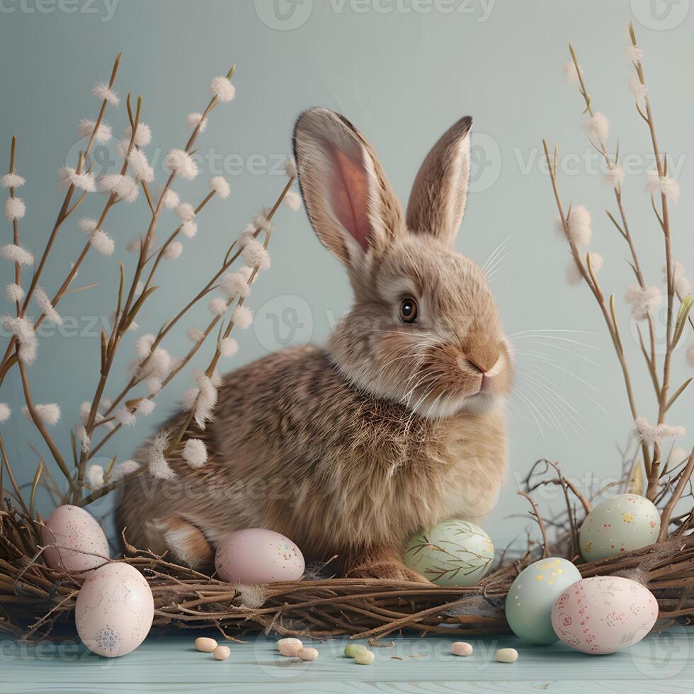 Rabbit, painted eggs and willow branches, soft muted pastel gray blue and beige color, Happy Easter day concept and idea. photo