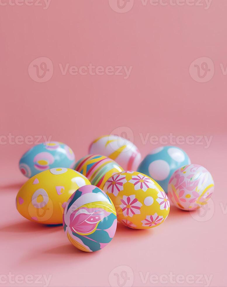 Colored yellow and blue Easter eggs on a pink background, Happy Easter day concept and idea, copy space photo