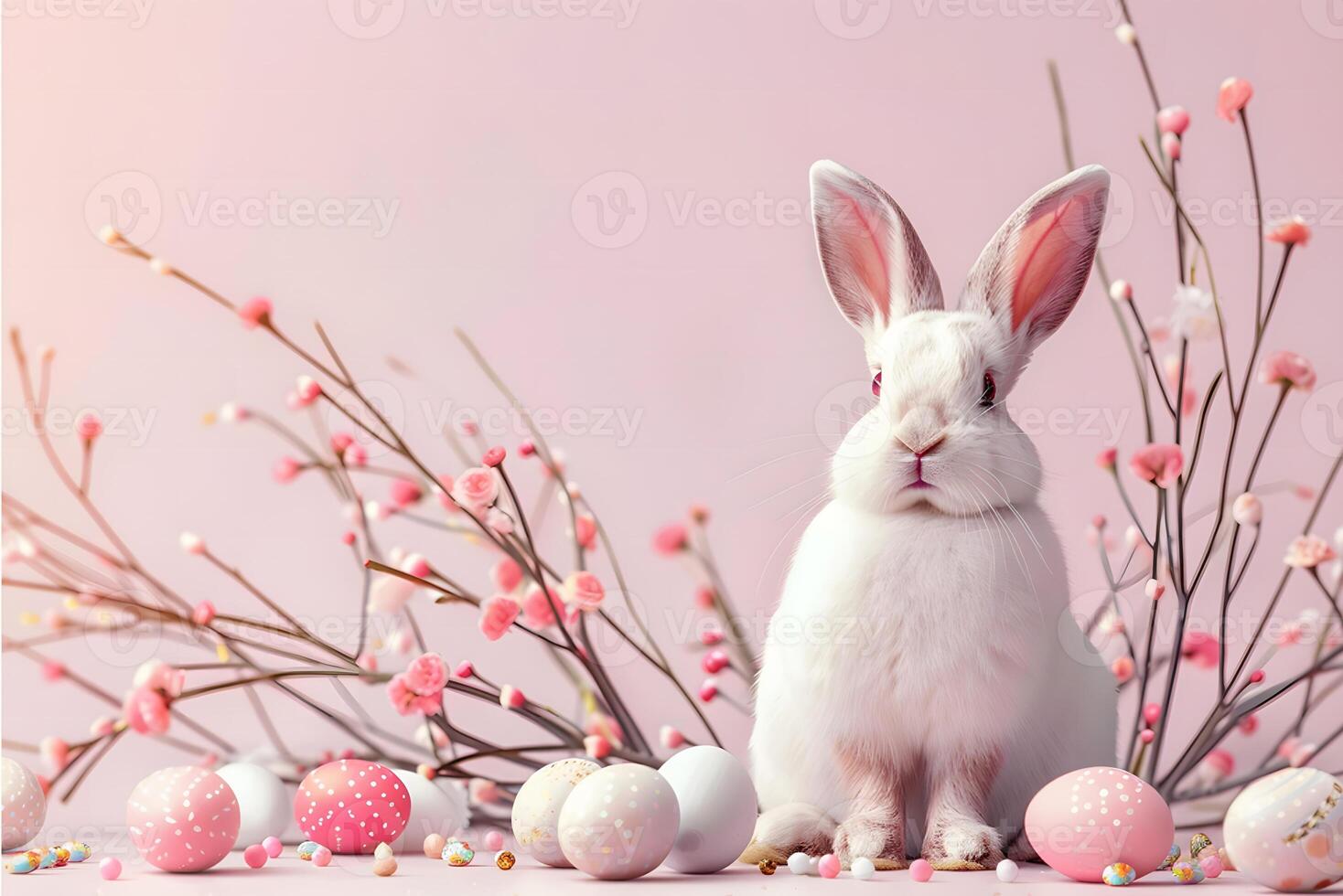 White bunny, painted Easter eggs and willow branches, pink color, Happy Easter day concept and idea photo